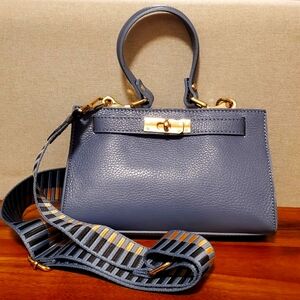 Blue Genuine Italian Leather Shoulder Crossbody Purse With 2 Straps New